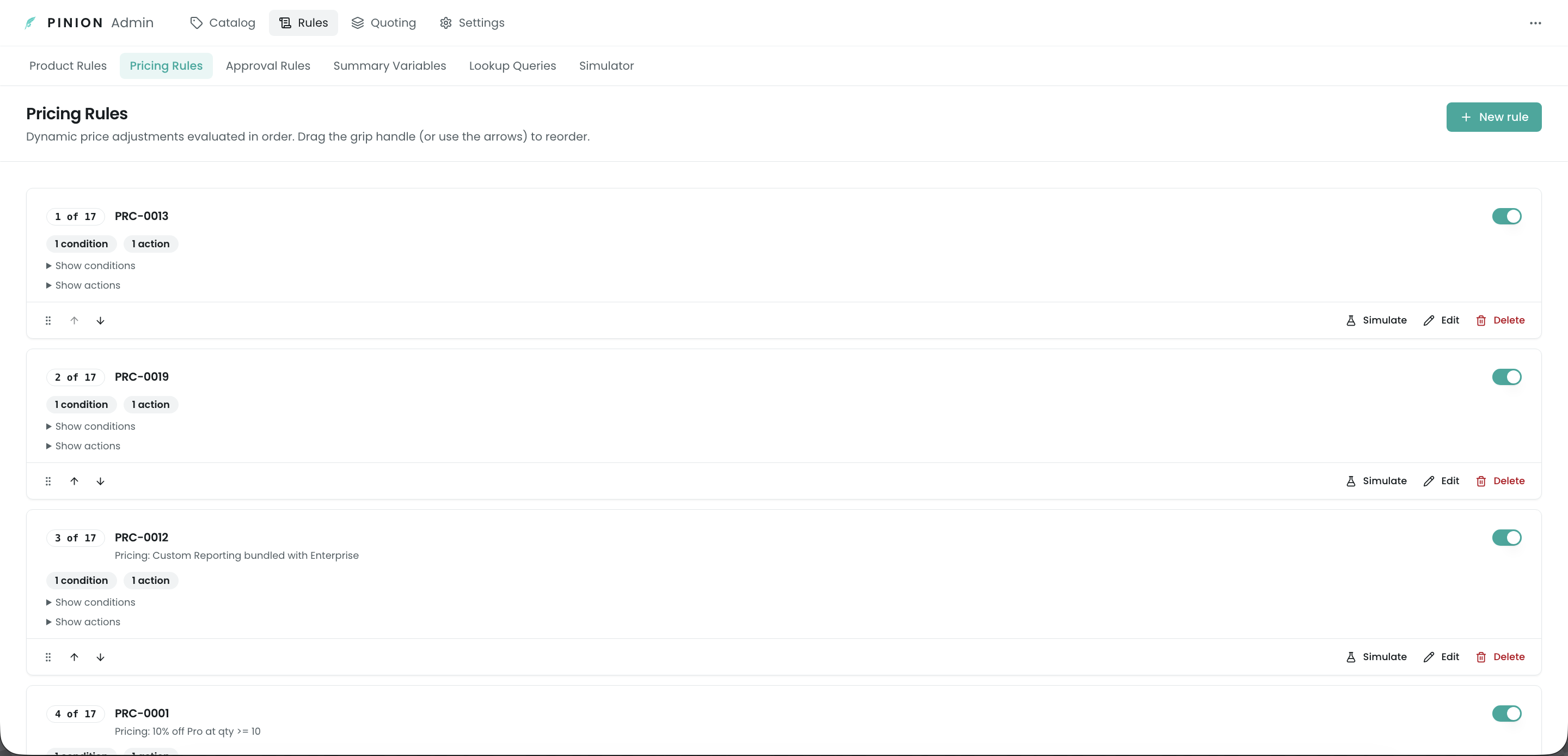 Pricing Rules management page listing rules in evaluation order
