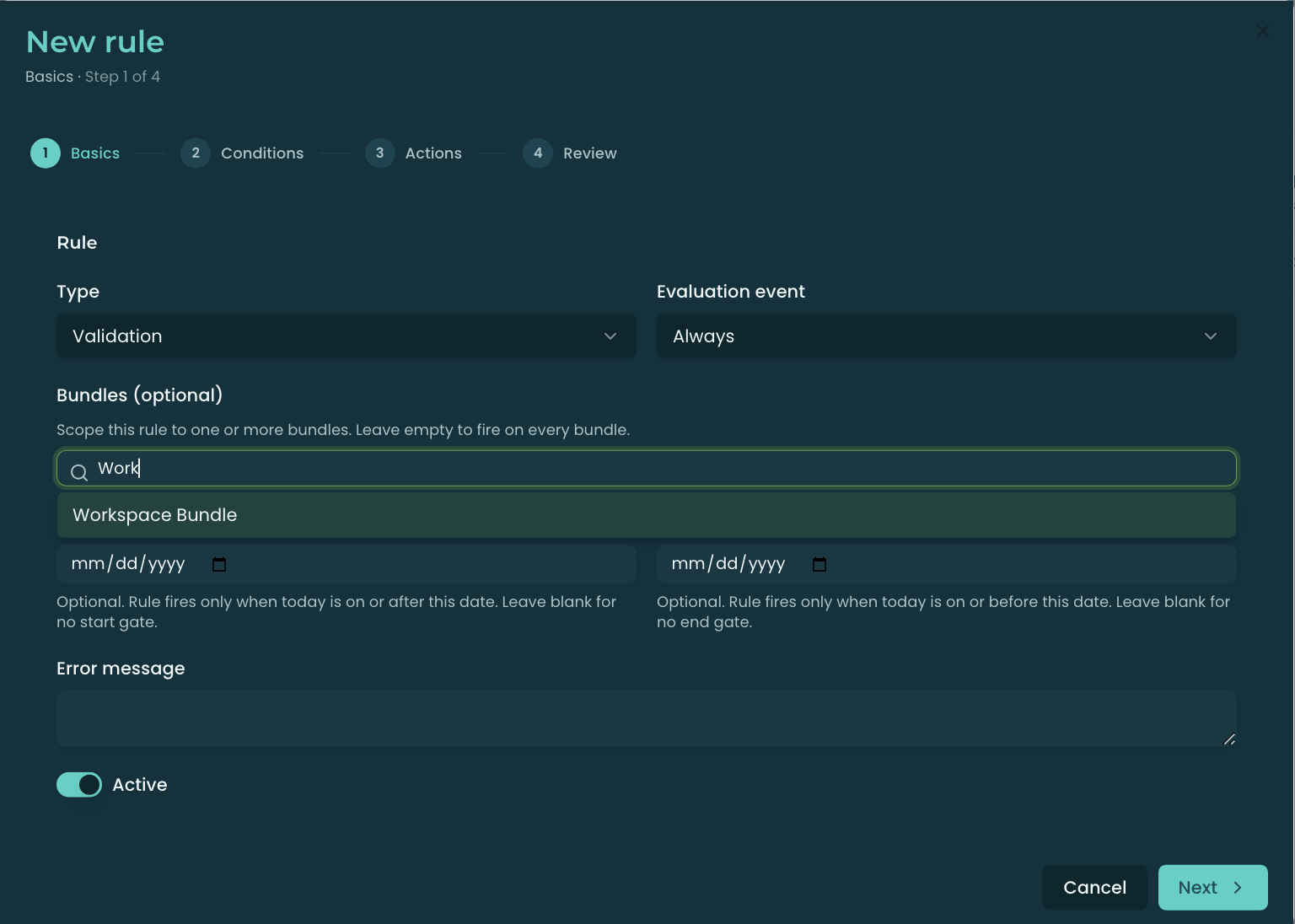 Rule wizard Basics step showing the Bundles scope picker with a bundle search