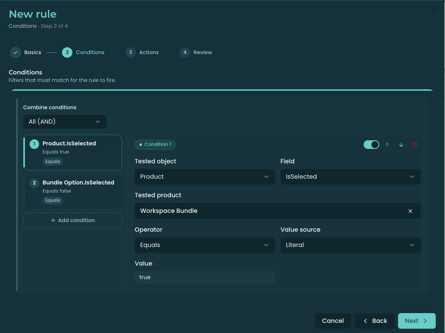 Rule wizard Conditions step showing the condition builder
