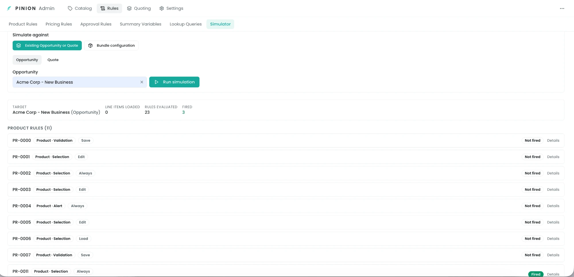 Rule Simulator — Simulate-against toggle, run counts, and per-rule fired/not-fired results