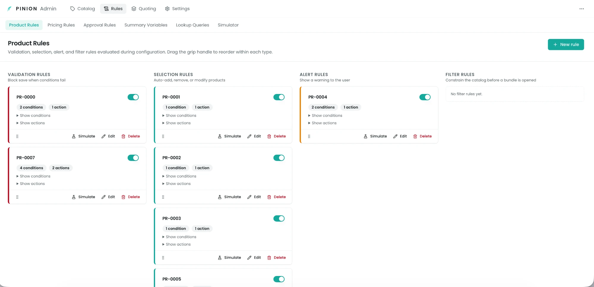 Manage Rules page showing Product Rules grouped by type