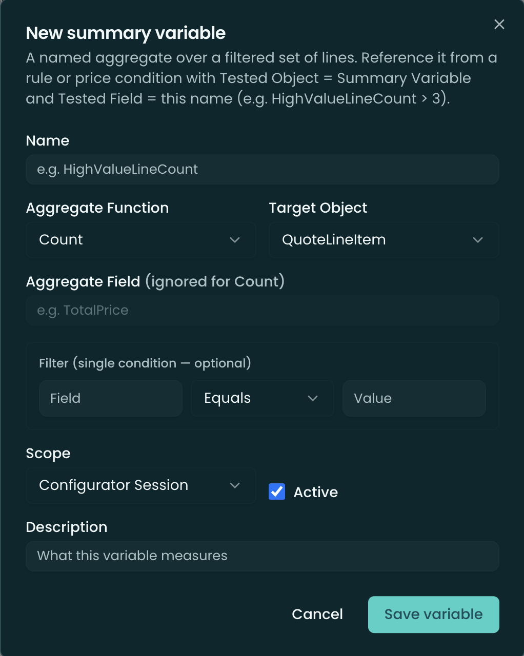 Summary Variable editor — name, aggregate function, field, target object, scope, filter